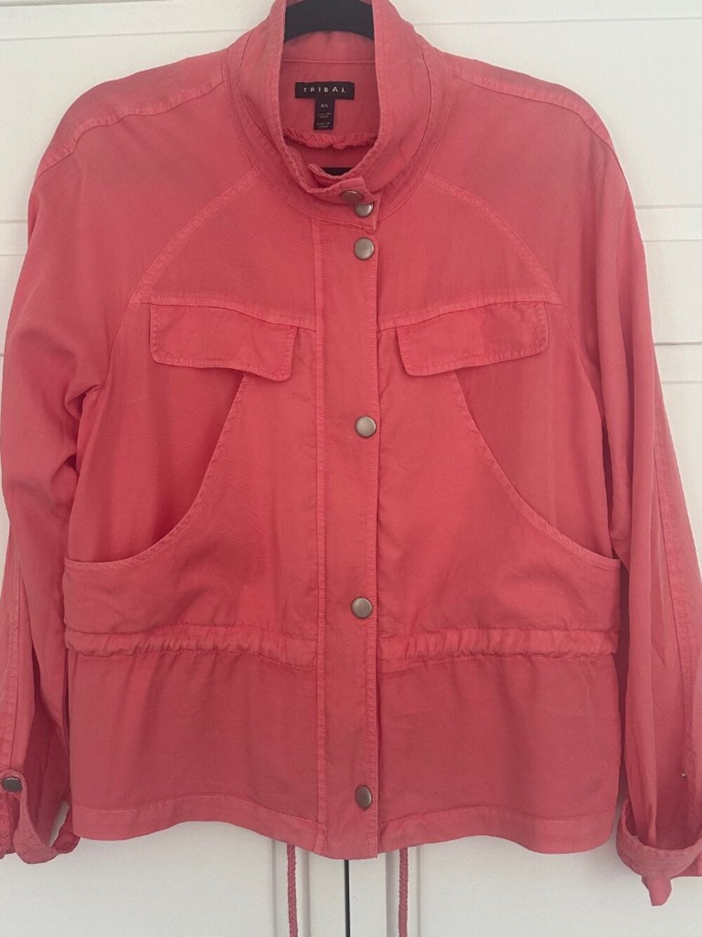 Tribal Funnel Neck Snap Up Jacket in Coral, Size L